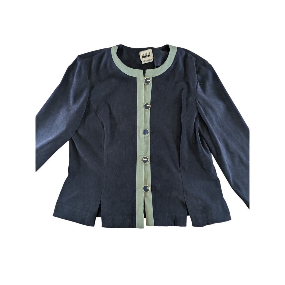 Leslie Fay Vintage Navy Blue Sage Green Trim Button Front Blazer Jacket Size 16